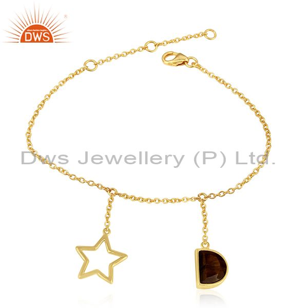 Tiger eye gemstone 925 silver gold plated lucky star charm chain bracelet