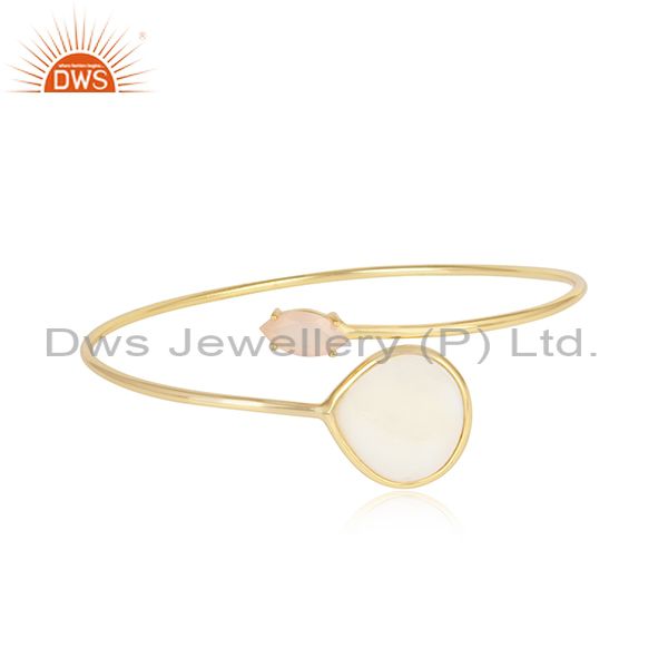 Mother Of Pearl And Rose Chalcedony Silver Gold Bangle
