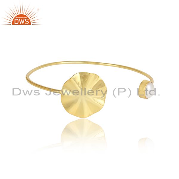 Wavy disc designer gold plated silver pearl gemstone cuff bangles
