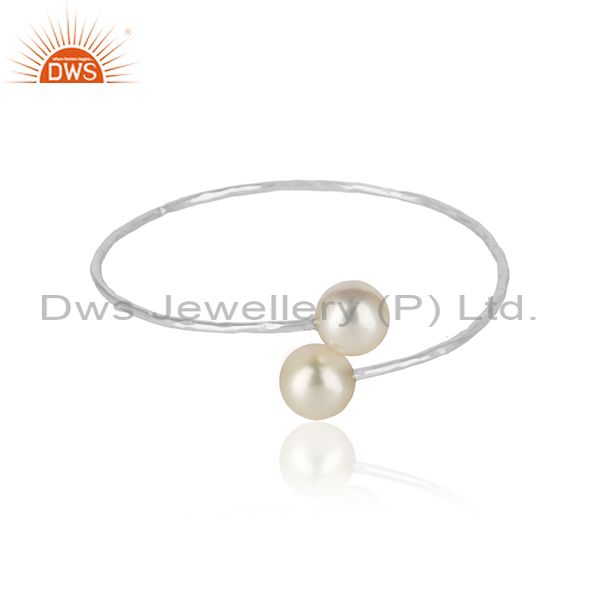 White rhodium plated 925 silver handmade pearl gemstone bangles