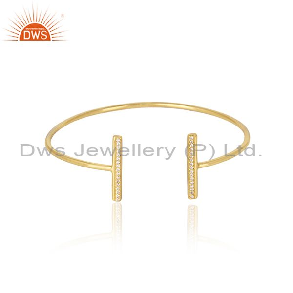 Designer pave bar cuff in yellow gold over silver 925 with cz