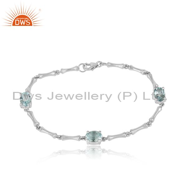 Handcrafted Bamboo Link Silver 925 Bracelet with Blue Topaz