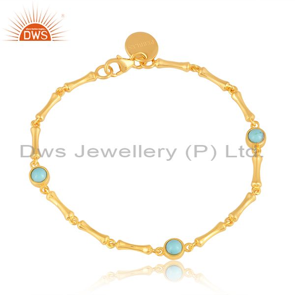 Bamboo Textured Link Gold on Silver Bracelet with Arizona Turquoise