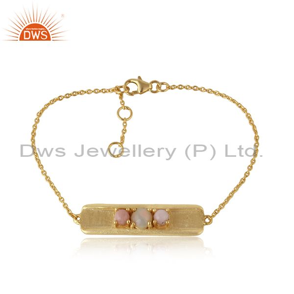 Handmade Gold on Silver 925 Bar Bracelet with Ethiopian and Pink Opal