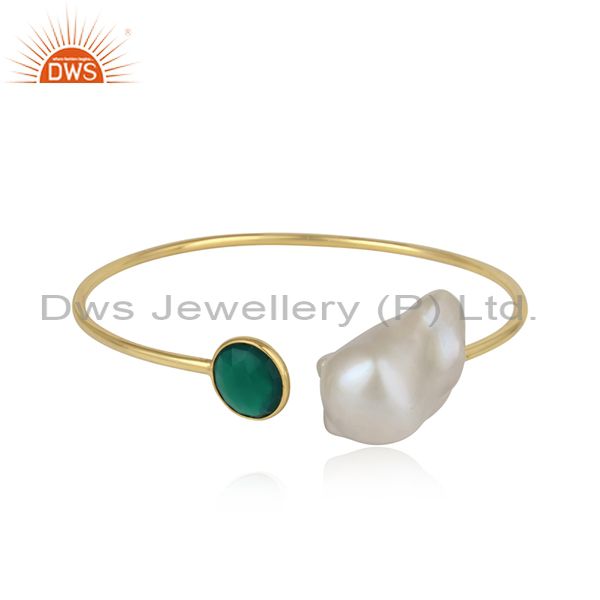 Handcrafted gold on silver cuff with green onyx and natural pearl