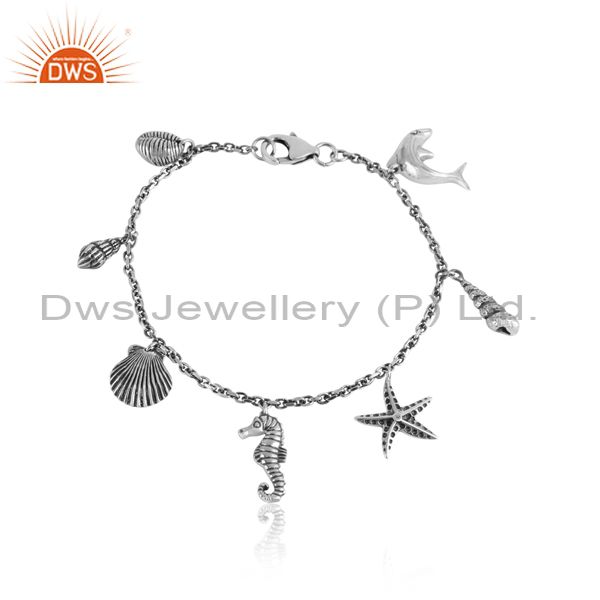 Hancrafted sea life multi charms oxidized silver 925 bracelet