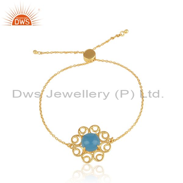 Designer Gold on Silver Slider Bracelet with Blue Chalcedony