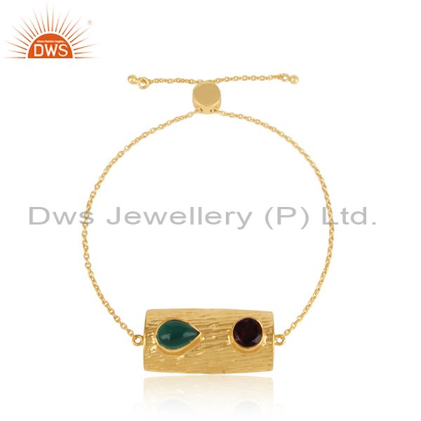 Gold on silver textured slider bracelet with garnet, green onyx