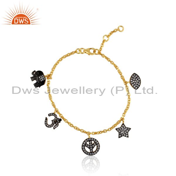 Cz Gold And Black On 925 Sterling Silver Charms Bracelet