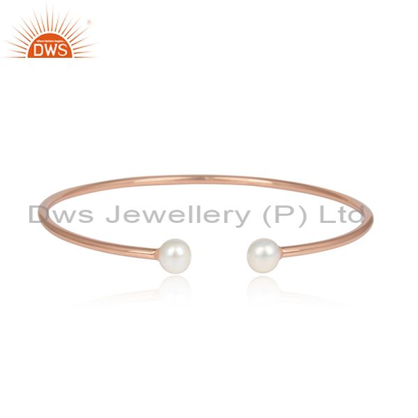 Double Pearl Beads Rose Gold On Silver Designer Cuff Bangle