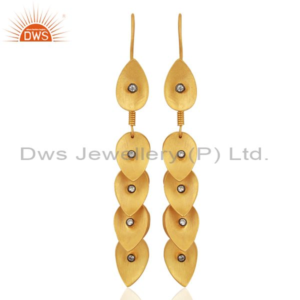18K Yellow Gold Plated Brass Cubic Zirconia Leaf Chandelier Earrings