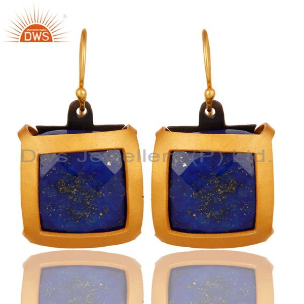 Faceted Lapis Lazuli Gemstone Sterling Silver Designer Earrings - Gold Plated