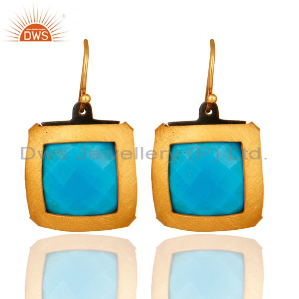Designer Turquoise Gemstone Solid Sterling Silver Earrings - Yellow Gold Plated