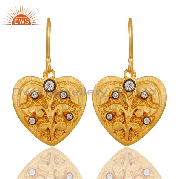 Handmade 18k Gold Over Heart Design White Zirconia Gemstone Earrings Jewelry