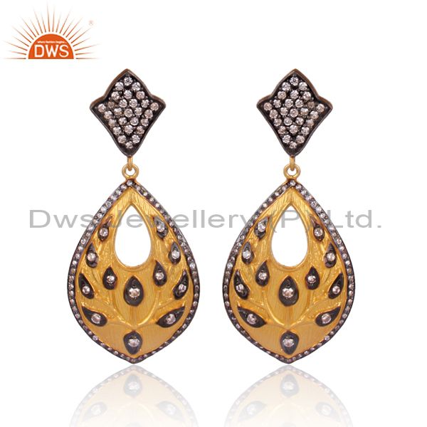 18K Yellow Gold Plated Sterling Silver Cubic Zirconia Leaf Drop Earrings