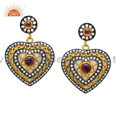 925 Sterling Silver Heart Design Tourmaline Gemstone Dangle Earring With Zircon
