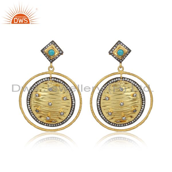 Cz And Arizona Turquoise Gold On Silver Round Dangle Earring