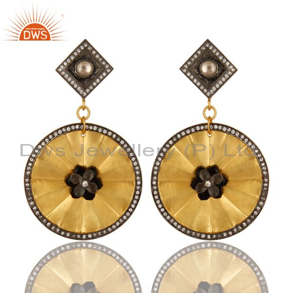 18K Yellow Gold Plated Sterling Silver Disc Design Dangle Earrings With CZ