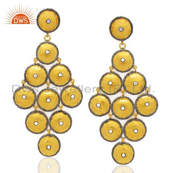 18K Yellow Gold Plated Sterling Silver Multi Disc Chandelier Earrings With CZ