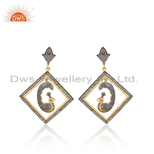 18K Yellow Gold Plated Sterling Silver Cubic Zirconia Peacock Dangle Earrings