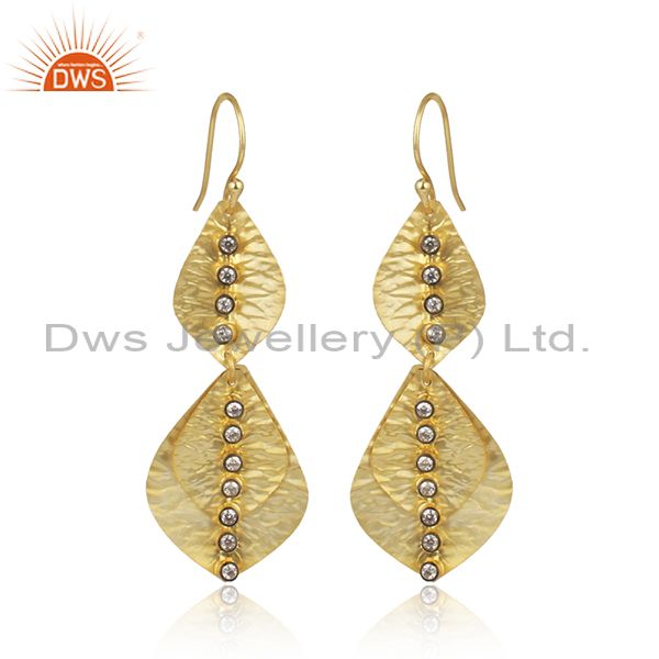 Handmade 22K Yellow Gold Vermeil Leaves Dangle Earrings With Cubic Zirconia