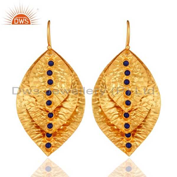 18K Yellow Gold Over Sterling Silver Lapis Lazuli Gemstone Designer Earrings