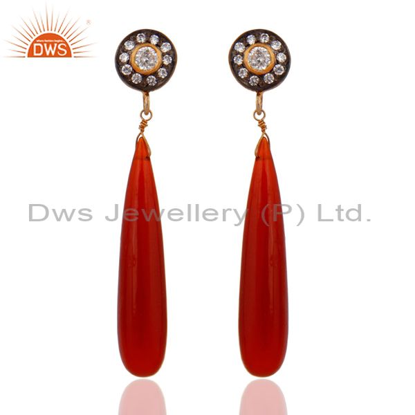 Gold Plated Sterling Silver Stunning Cubic Zirconia CZ Red Onyx Teardrop Earring