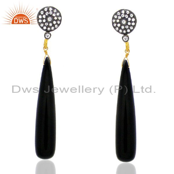 22K Yellow Gold Plated Brass Black Onyx And Cubic Zirconia Dangle Earrings