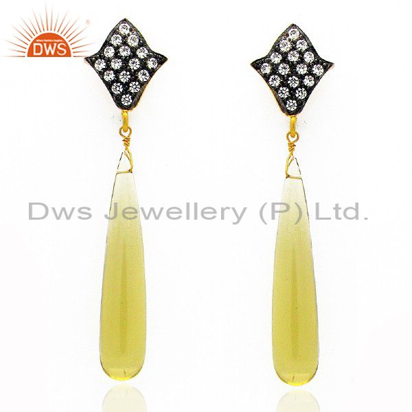18K Gold Plated Sterling Silver Lemon Topaz Gemstone Dangle Earrings With cz