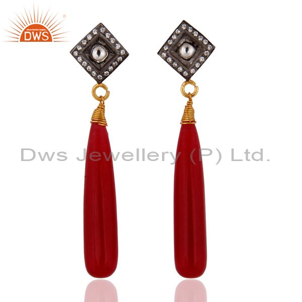 Natural Red Aventurine & Crystal Quartz 925 Silver Gold Plated Dangle Earrings