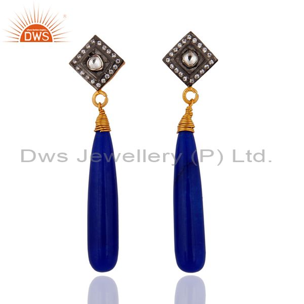 Pave White Cubic Zirconia & Blue Aventurine Gold Plated Sterling Silver Earring
