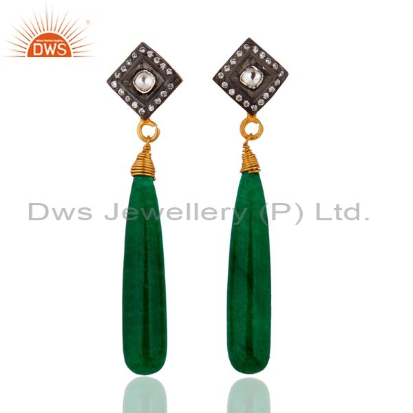 Dark Green Jade Teardrop Earrings Gold Plated Wire Wrapped 925 Silver Jewelry