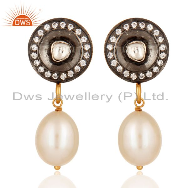 Crystal Quartz Polki & White Pearl Vintage Look Earrings In 18K Gold On Silver