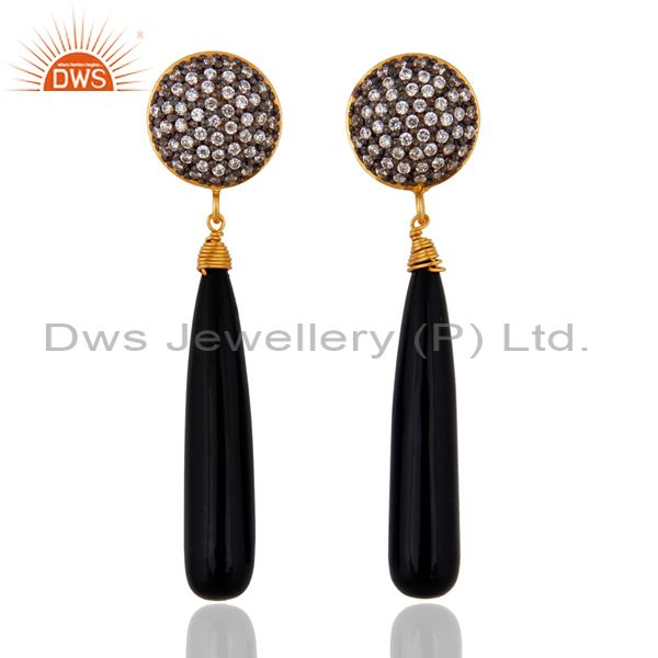 Sterling Silver Black Onyx Earrings With 18k Gold Plated White Zircon Jewelry