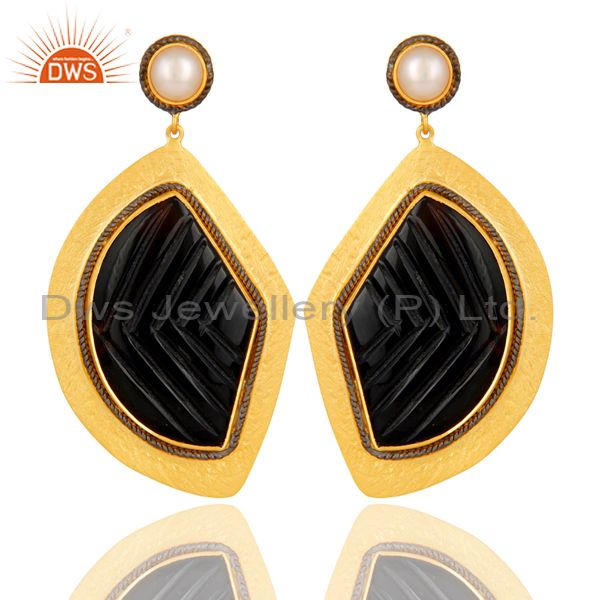 18K Yellow Gold Plated Sterling Silver Black Onyx And Pearl Dangle Earrings