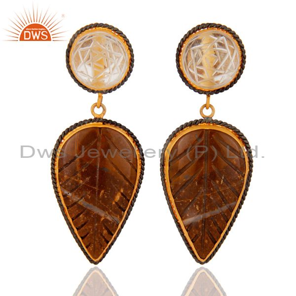 Gold Plated 925 Sterling Silver Carved Agate Gemstone & Crystal Carving Earrings