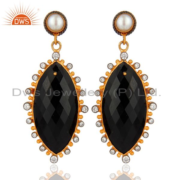 Natural Black Onyx Gemstone Gold Plated 925 Sterling Silver CZ Dangle Earrings
