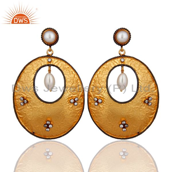 Genuine Pearl Drop 18K Gold Over 925 Sterling Silver Designer Dangle Earrings
