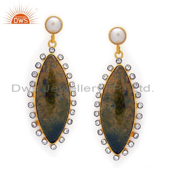 18K Gold Plated Sterling Silver White Agate And Pearl Dangle Earrings With CZ