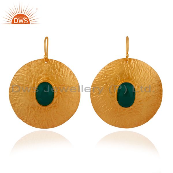 925 Sterling Silver 14k Yellow Gold Plated Green Onyx Gemstone Circle Earrings