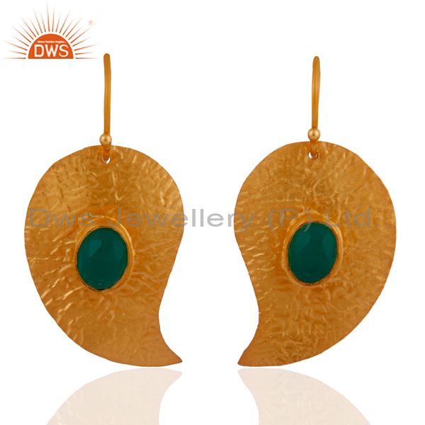 22k Gold Plated 925 Sterling Silver Green Onyx Semi Precious Stone Earrings