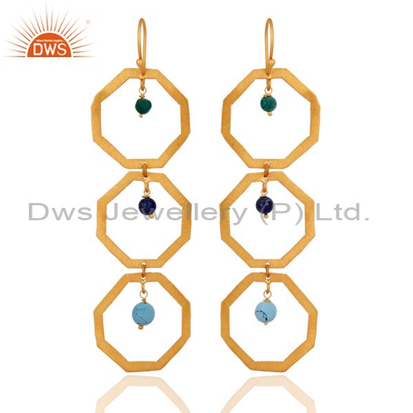 18 K Gold Over 925 Sterling Silver Malachite Hexagon Dangle Earrings Jewelry