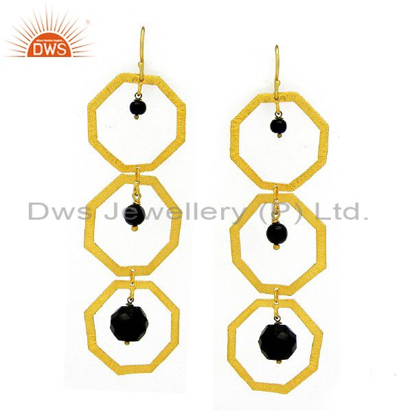 22K Yellow Gold Plated Sterling Silver Black Onyx Brushed Finish Dangle Earrings