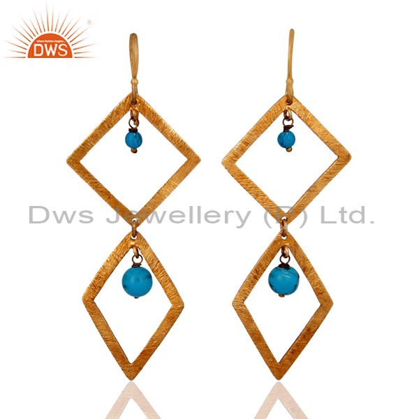 Handmade Turquoise Gemstone Earing In 22k Yellow Gold over 925 Sterling Silver