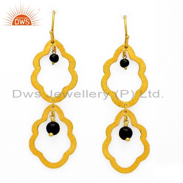 Brushed Finish 18K Yellow Gold Plated Sterling Silver Black Onyx Dangle Earrings