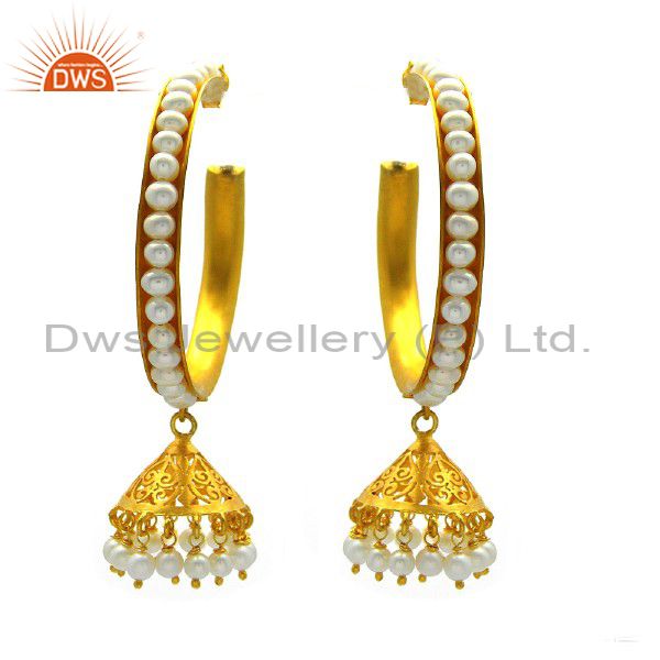 22K Yellow Gold Plated Sterling Silver White Pearl Ethnic Designer Hoop Earrings
