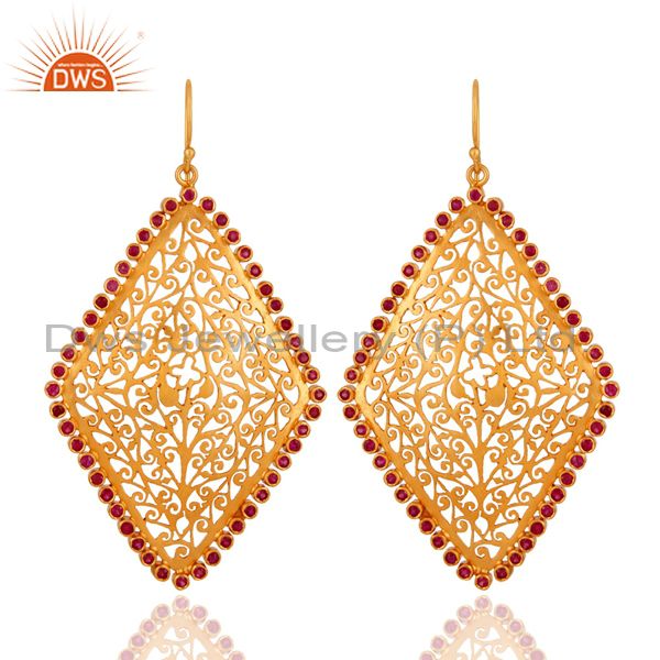 24K Gold Plated 925 Sterling Silver Filigree Design Earring With Ruby Gemstone