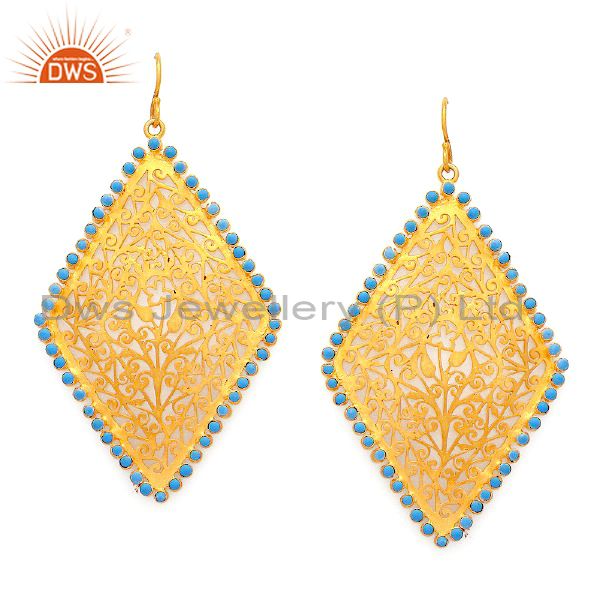 Handmade Sterling Silver Turquoise Filigree Dangle Earrings With 24K Gold Plated