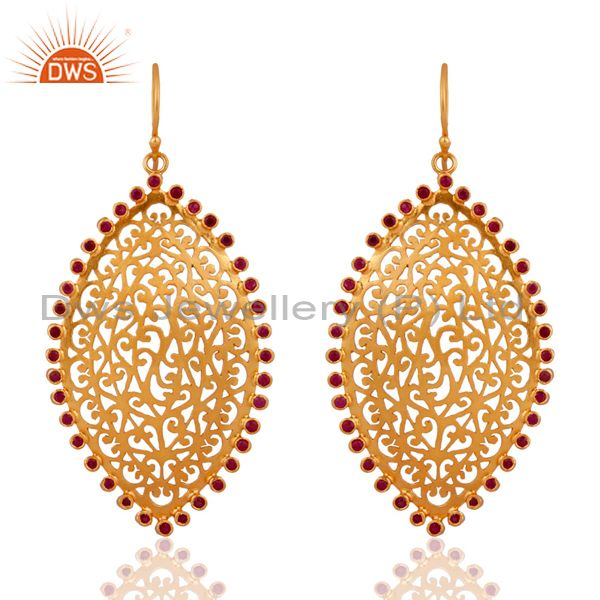 Unique Filigree 24k Gold Plated over 925 Sterling Silver Ruby Designer Earrings