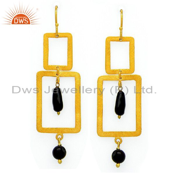 Brushed 18K Yellow Gold Plated Sterling Silver Black Onyx Dangle Earrings